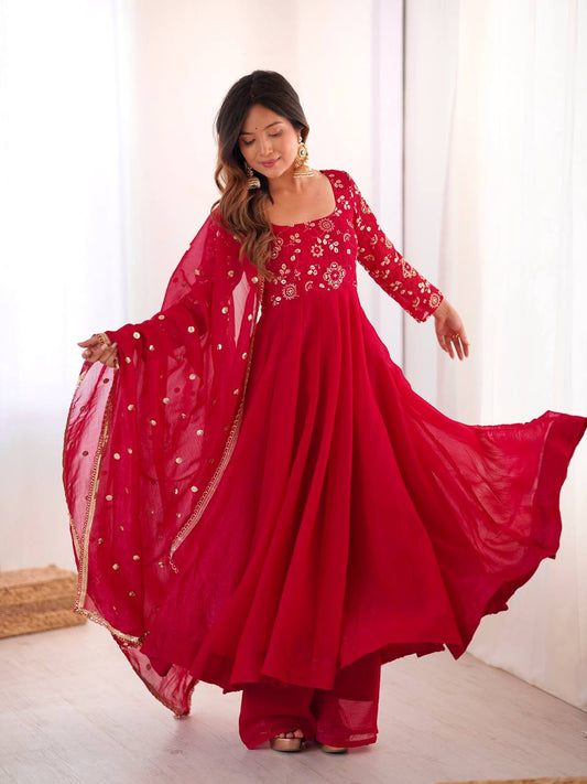 Cherry Red Sequins Embroidered Anarkali Suit Set With Dupatta