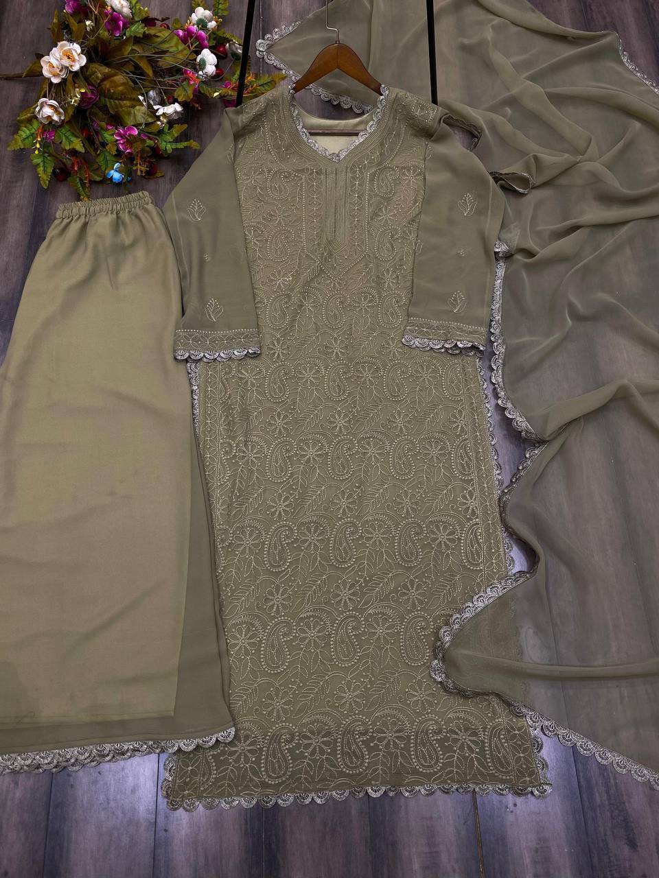 Olive Green Chikankari Kurti With Lace Detail And Full Length Ethnic Wear