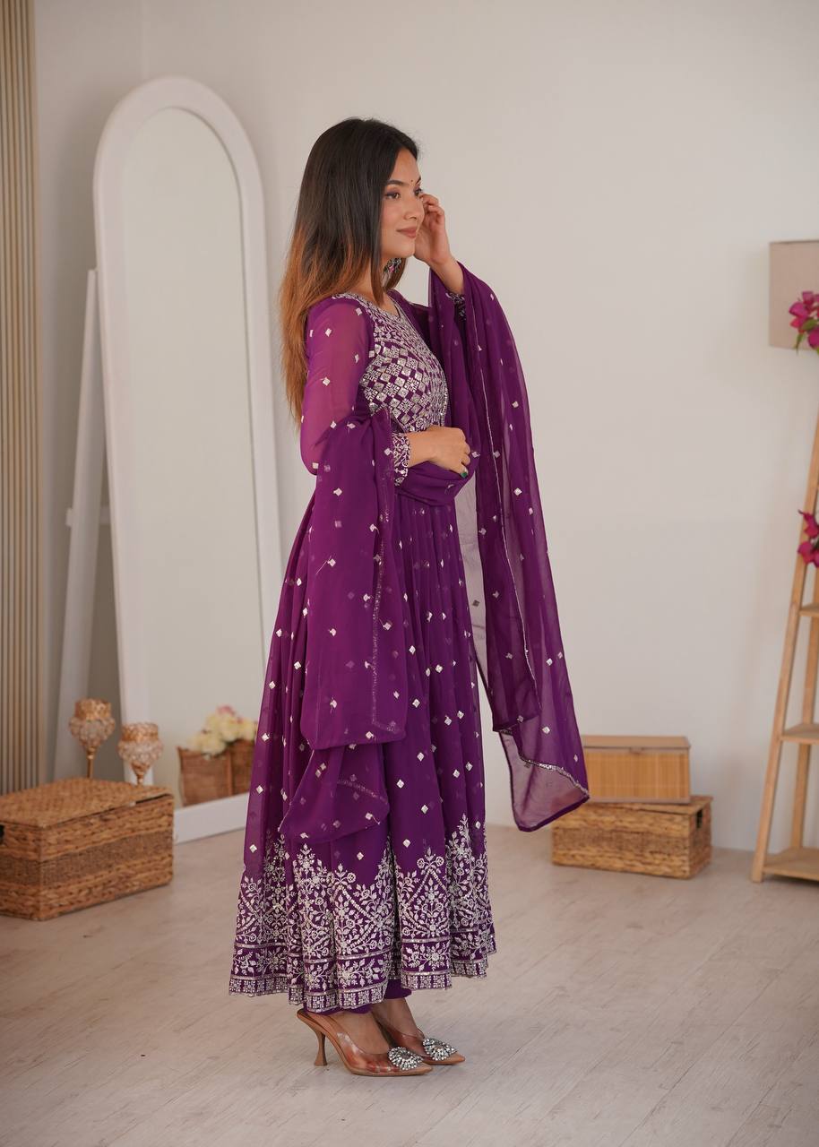 Purple Faux Georgette Anarkali Suit With Designer Embroidery