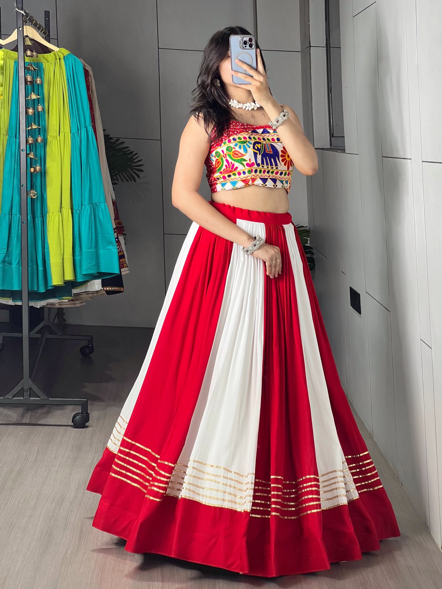 6 Meter Flair Red White Panelled Lehenga Choli With Kutchi Gamthi Mirror Work