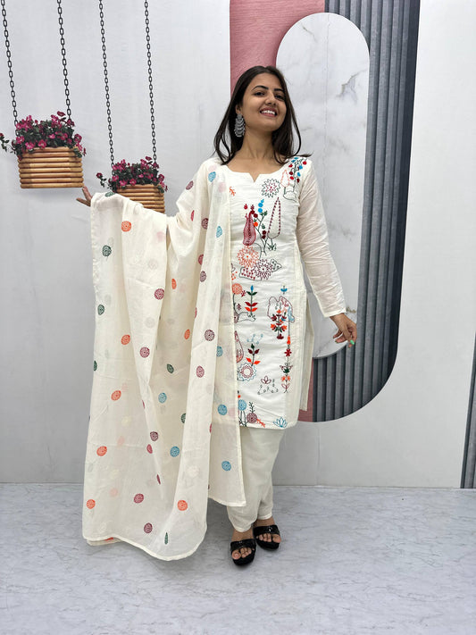 Floral Embroidery White Salwar Suit With Dotted Dupatta