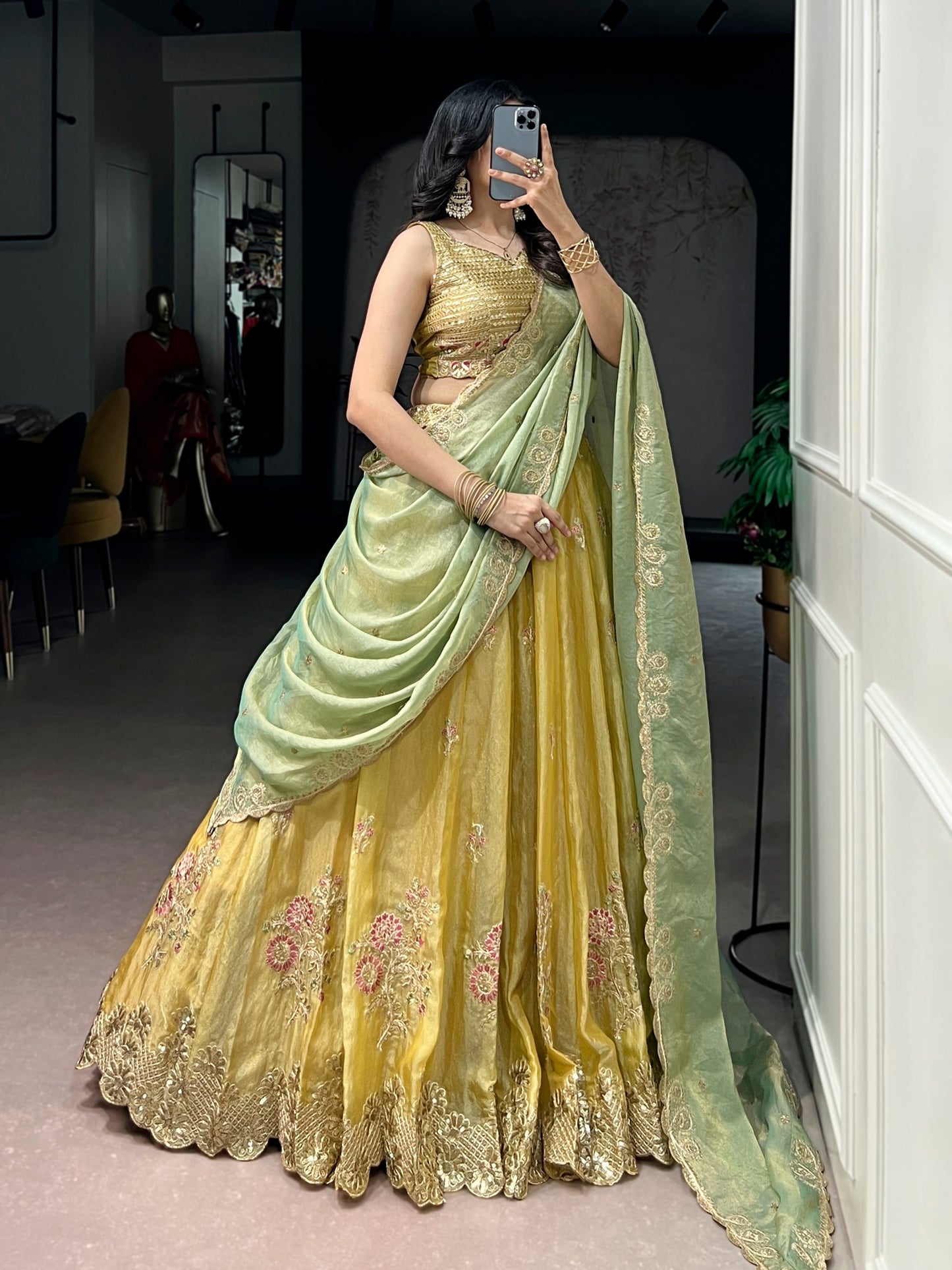Mustard Yellow Silk Lehenga Choli With Green Embroidered Dupatta