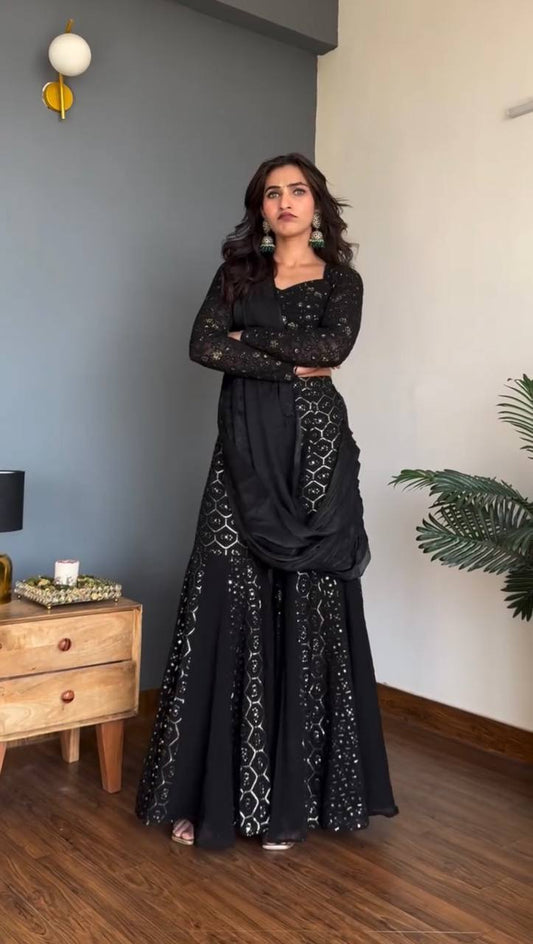 Black Sequined Sharara Suit With Dupatta