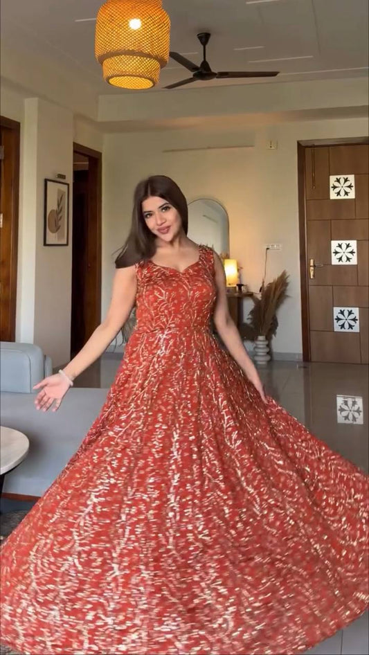 Rust Orange Zari Embroidered Anarkali Palazzo Set With Dupatta