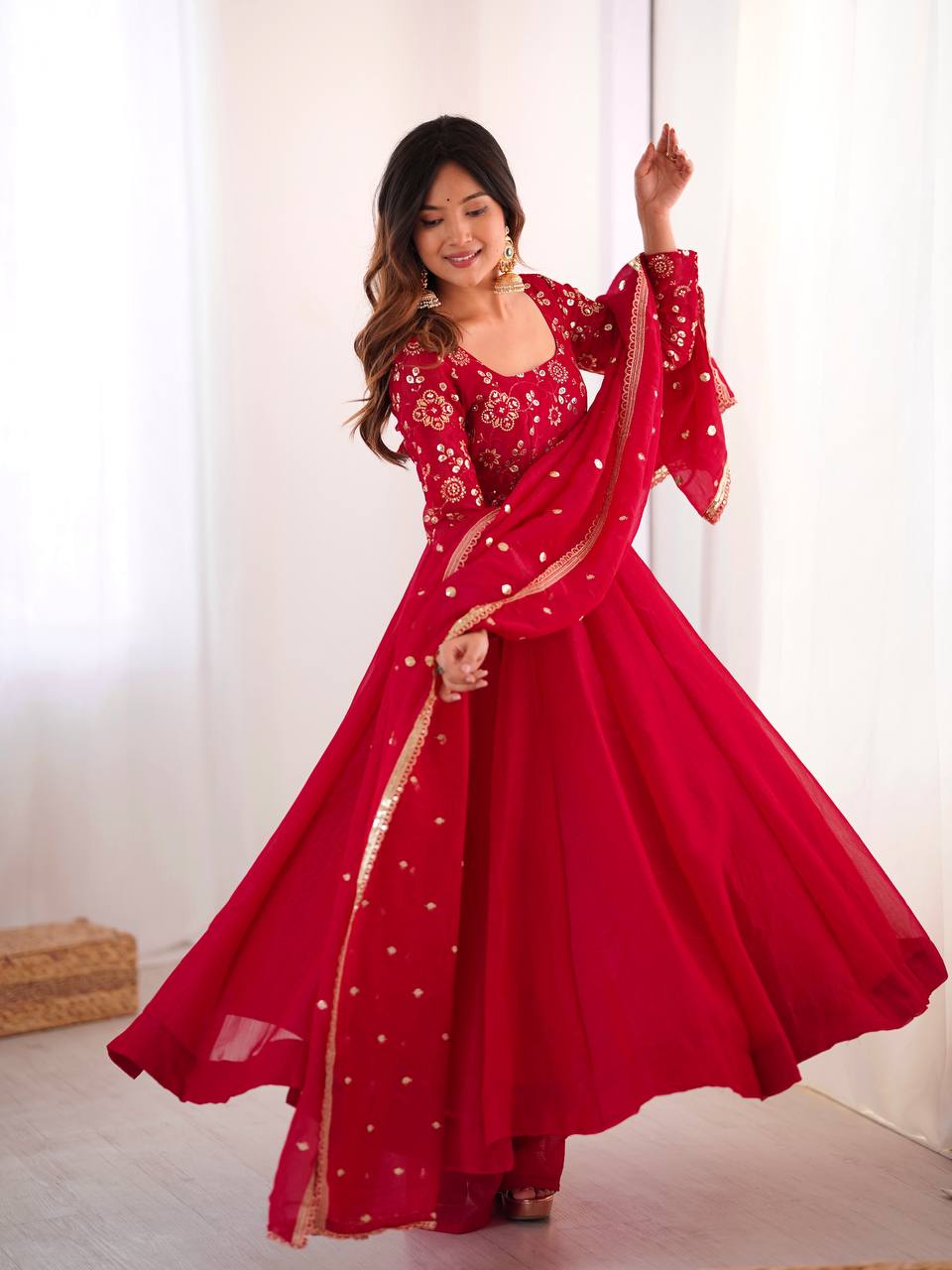 Cherry Red Sequins Embroidered Anarkali Suit Set With Dupatta