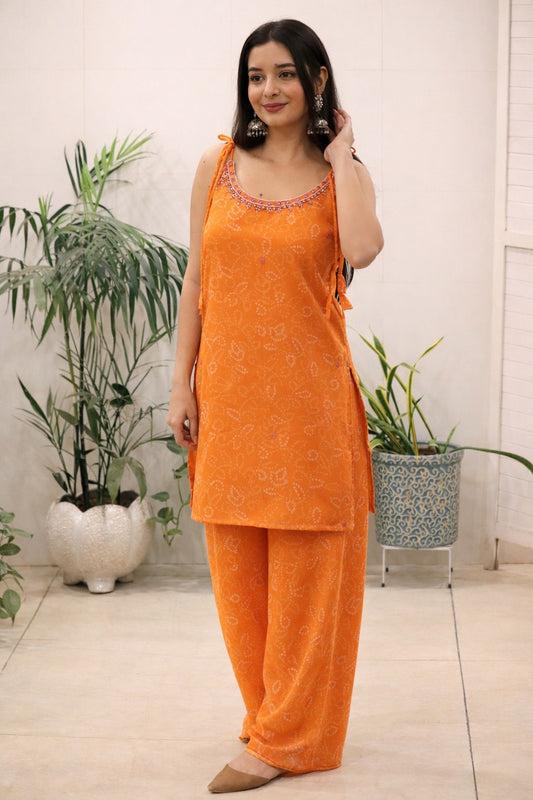 Plain Tissue Palazzo Suit Set With Sleeveless Kurta