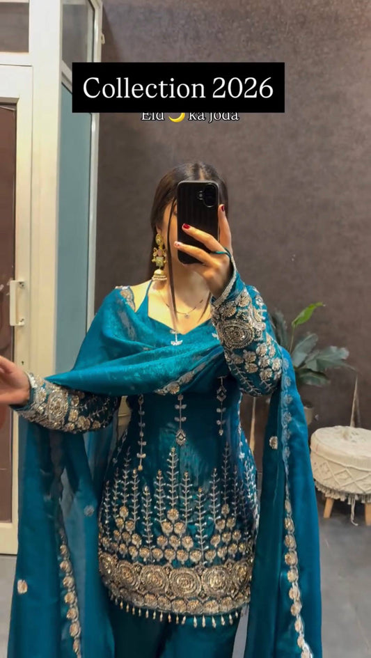 Teal Blue Heavy Embroidered Sharara Suit Set With Zari And Sequin Work Dupatta