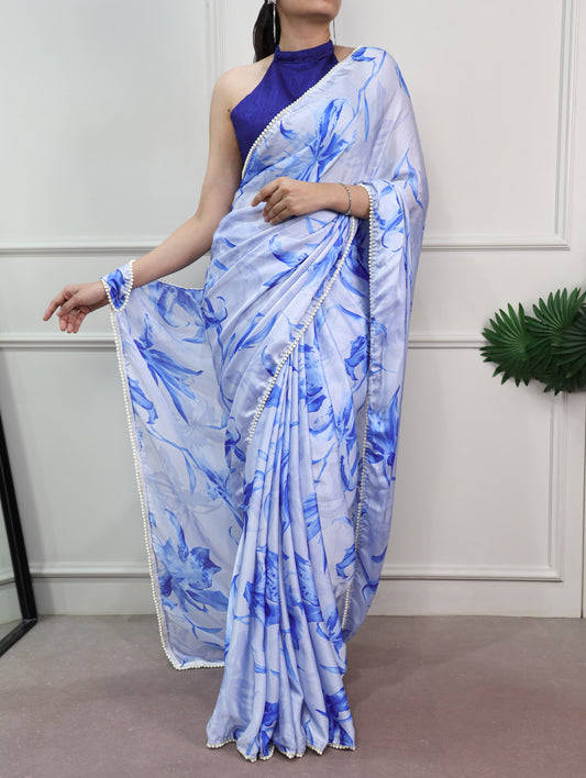 Floral Print Satin Saree With Pearl Lace Border And Blouse