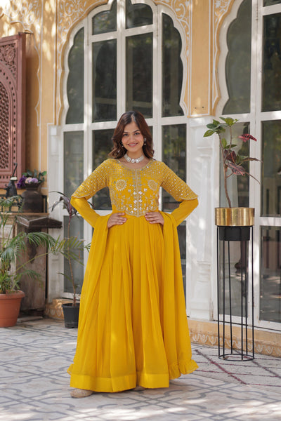 Yellow Ethnic Georgette Gown With Fancy Dupatta