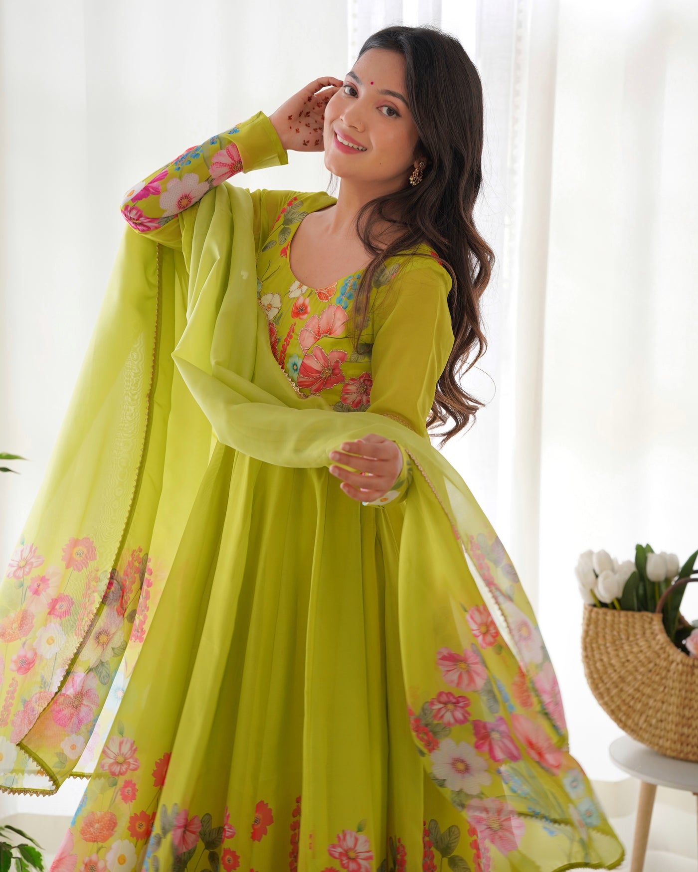 Floral Printed Organza Anarkali Suit Set With Matching Dupatta
