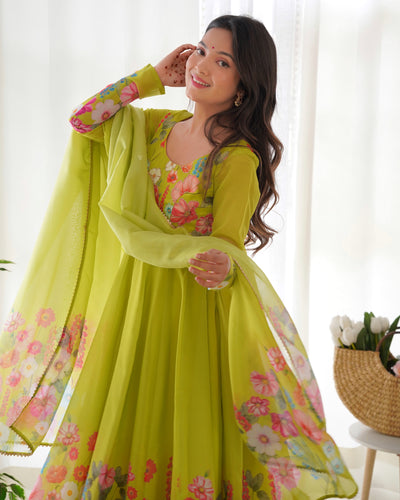 Floral Printed Organza Anarkali Suit Set With Matching Dupatta