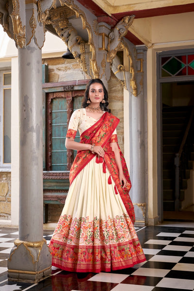 Off White Color Tissue Silk Lehenga With Printed Dupatta