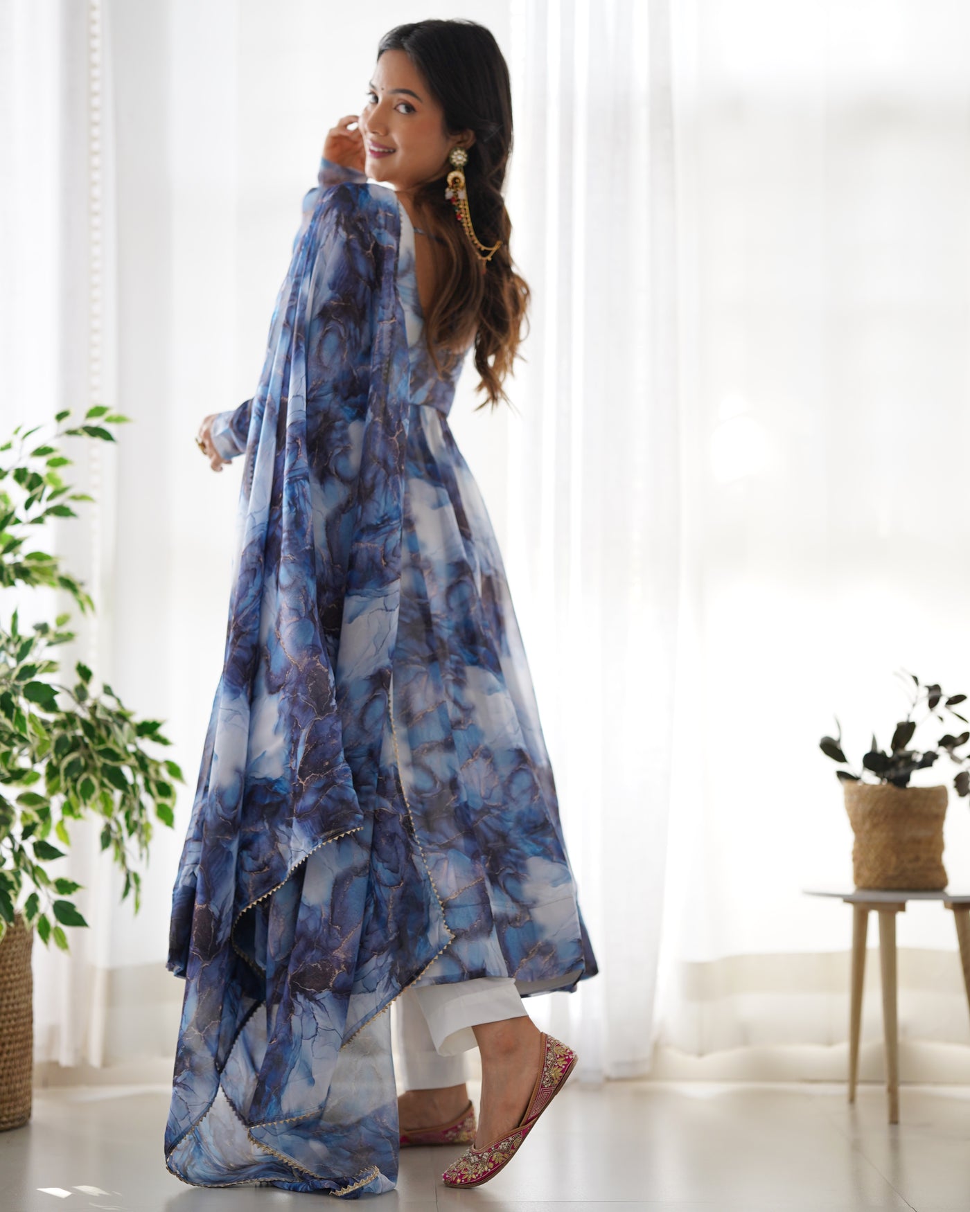 Pure Organza Silk Marble Print Anarkali Set With Dupatta And Pant