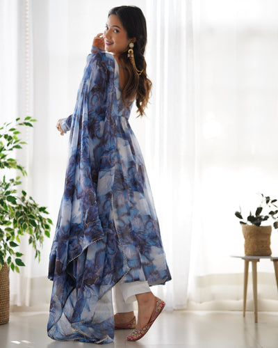 Pure Organza Silk Marble Print Anarkali Set With Dupatta And Pant