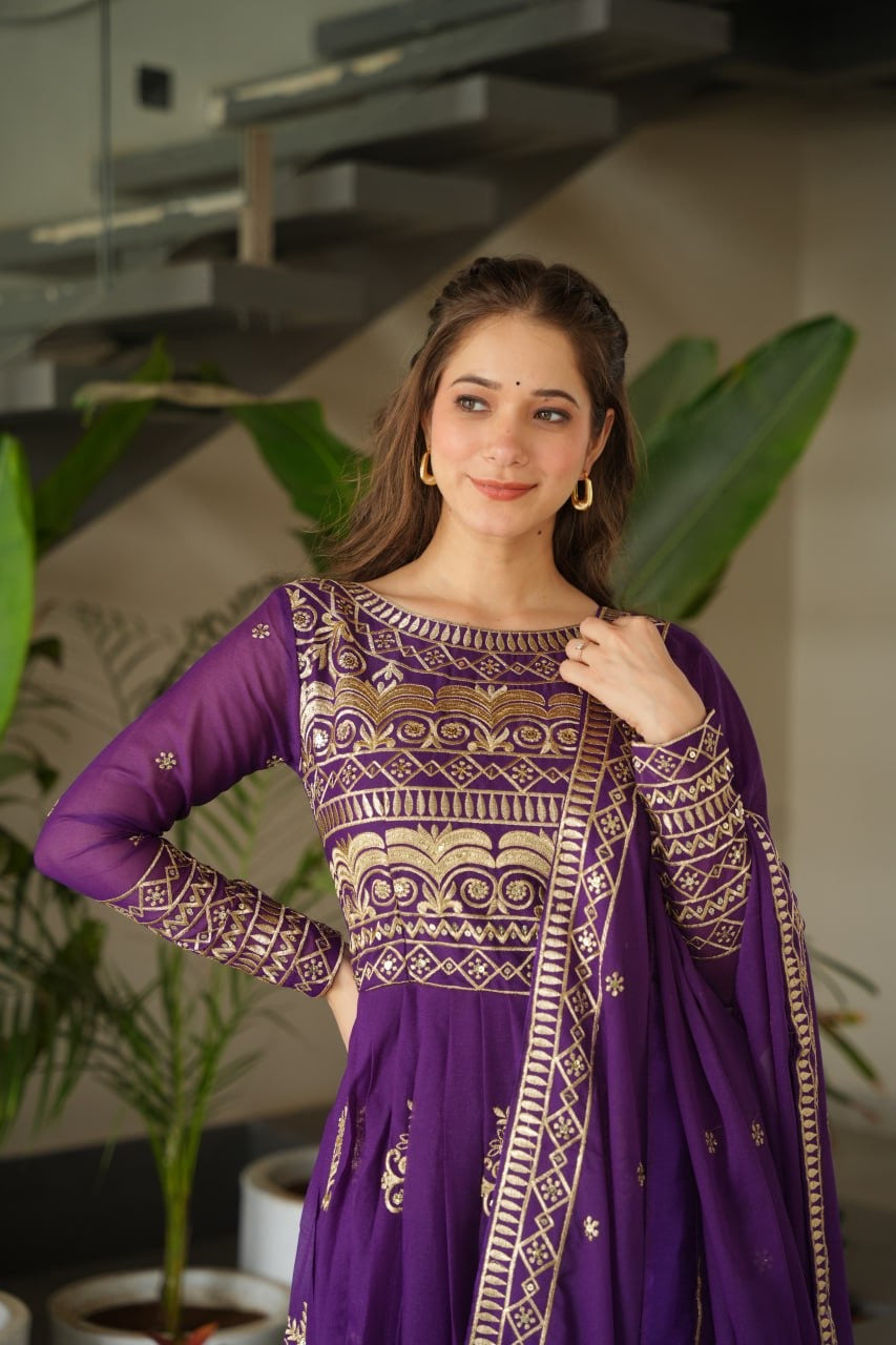 Purple Color Chinon Gown With Embroidery Dupatta