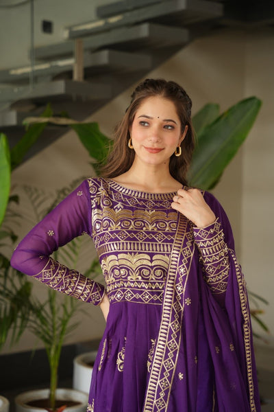 Purple Color Chinon Gown With Embroidery Dupatta