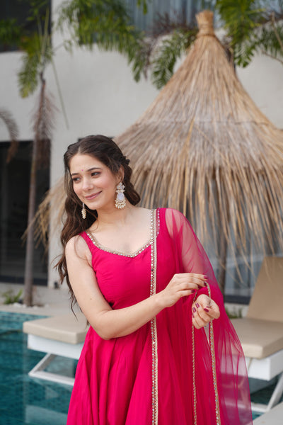 Pink Color Roman Silk Anarkali With Nylon Net Dupatta