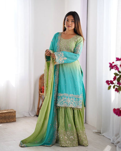 GREEN WITH SKY COLOR WEDDING WEAR CHINON SILK PLAZZO DRESS