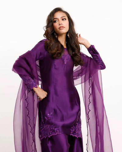 Elegant Beaded Natural Crepe Suit Set With Farshi Salwar & Net Dupatta