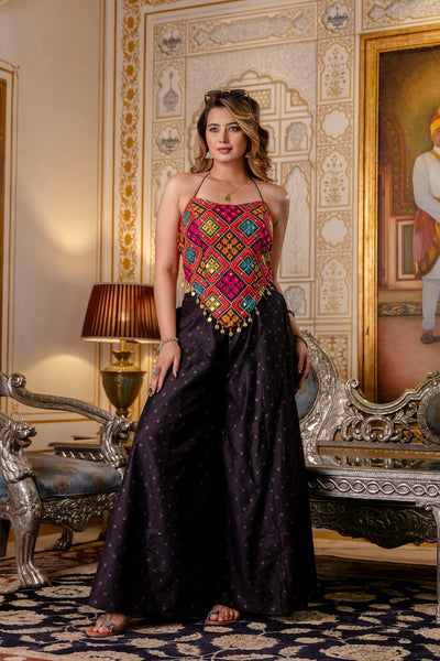 Black Embroidered Top With Pure Butti Flary Palazzo Set