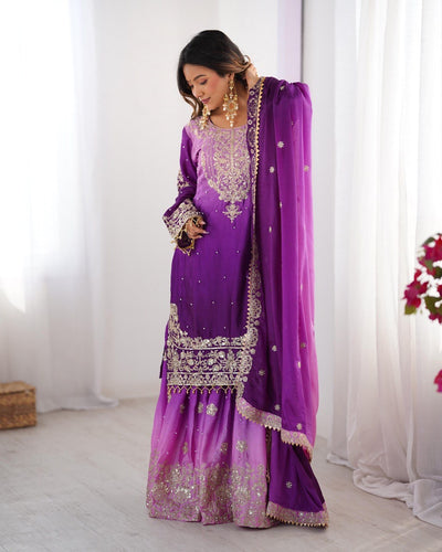 Purple Color Wedding Wear Chinon Silk Plazzo Dress