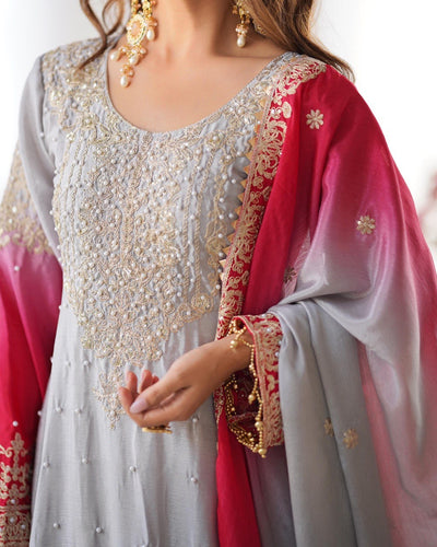 Dusty Pink Color Wedding Wear Chinon Silk Plazzo Dress