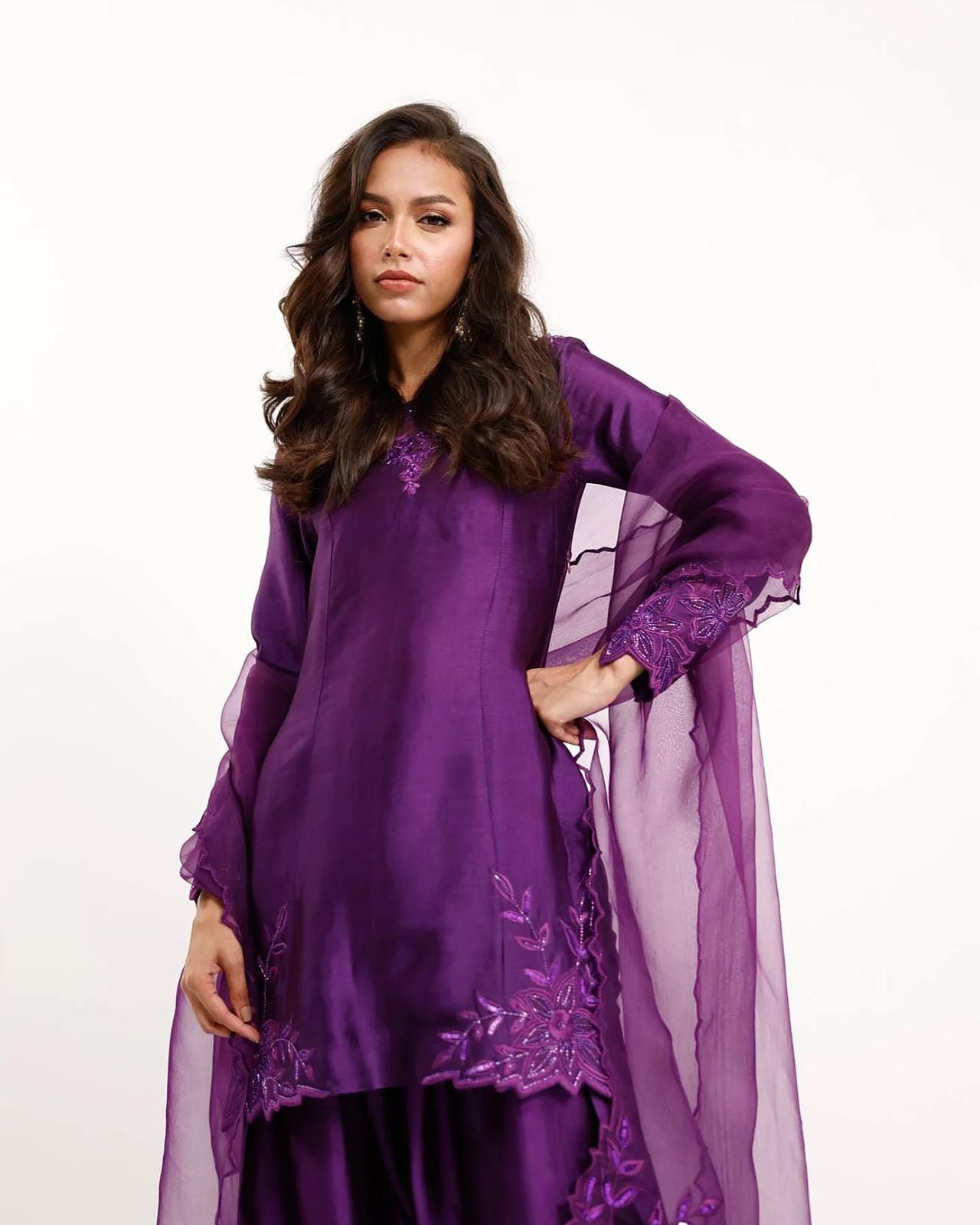 Elegant Beaded Natural Crepe Suit Set With Farshi Salwar & Net Dupatta