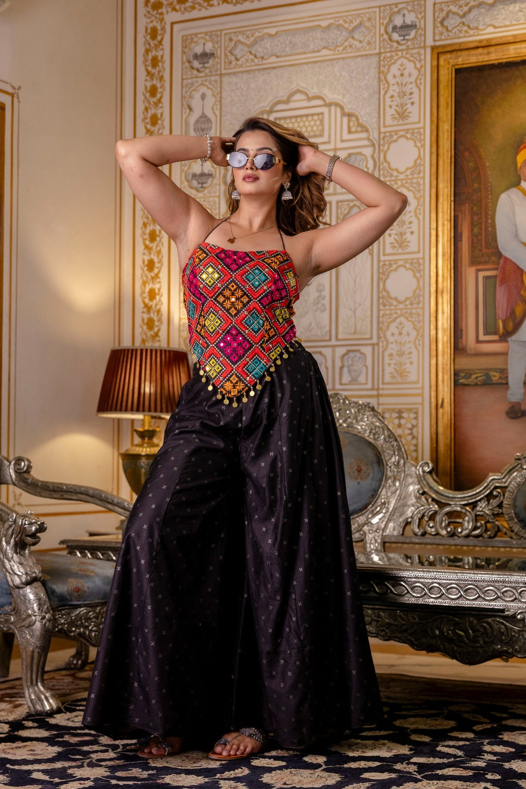 Black Embroidered Top With Pure Butti Flary Palazzo Set