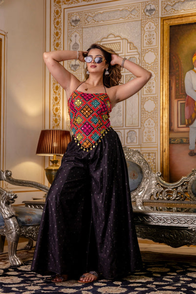 Black Embroidered Top With Pure Butti Flary Palazzo Set