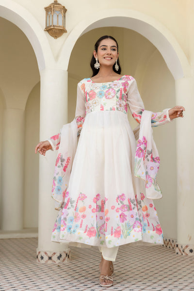 White Color Heavy Organza Silk Anarkali With Fancy Dupatta
