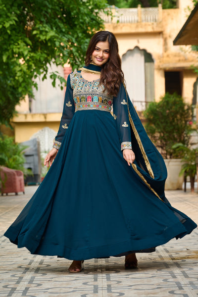 Charming Ethnic Gown With Multi-Thread Work And Zari Lace Dupatta