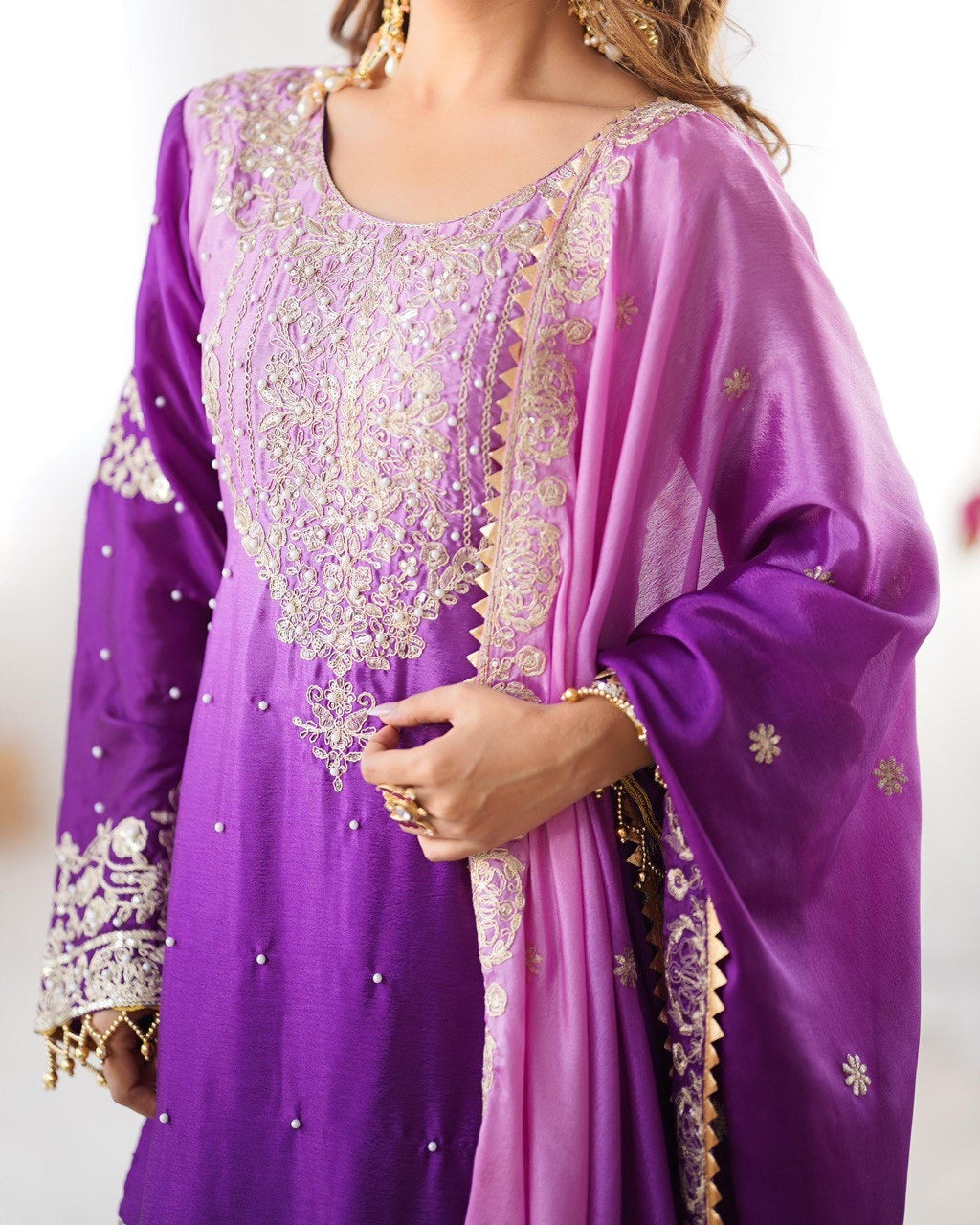 Purple Color Wedding Wear Chinon Silk Plazzo Dress