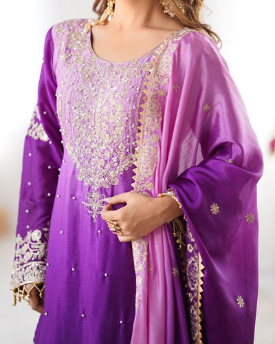 Purple Color Wedding Wear Chinon Silk Plazzo Dress