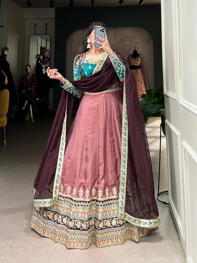 Peach Moonga Silk Lehenga Set with Sequins & Embroidered Organza Dupatta