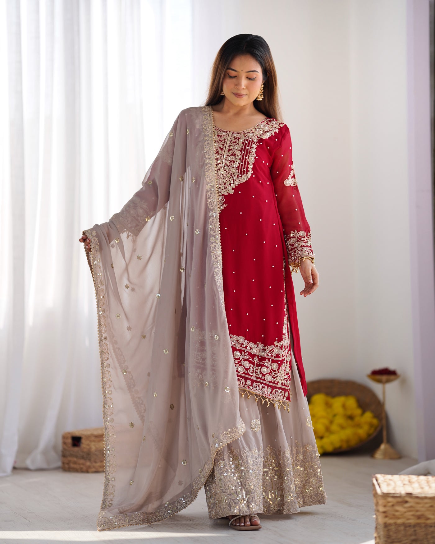 Reddish Pink Color Festival Designer Suit With Dupatta
