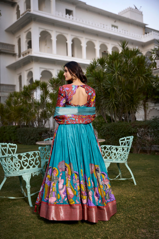 Jacquard Dola Silk Kalamkari Print Lehenga Choli with Zari Border – JASPREET Collection
