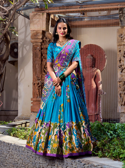 Tasar Silk Kalamkari Foil Work Lehenga Choli with Tassel Dupatta