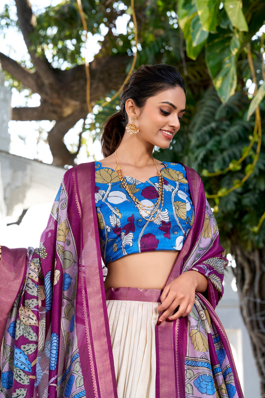 Jacquard Dola Silk Kalamkari Printed Lehenga Choli with Zari Border – ANUSHA (PDLNB1234OWT)