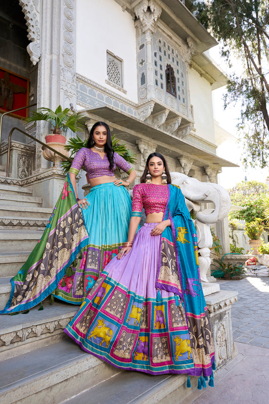 Tasar Silk Kalamkari Foil Work Lehenga Choli with Tassel Dupatta – VAISHNAVI Collection