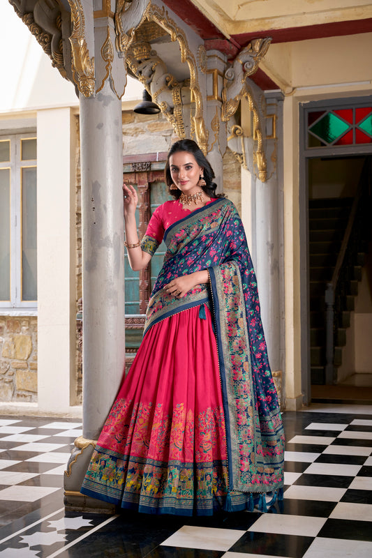 Tasar Silk Foil Print Lehenga Choli with Gotta Patti Tassel Dupatta