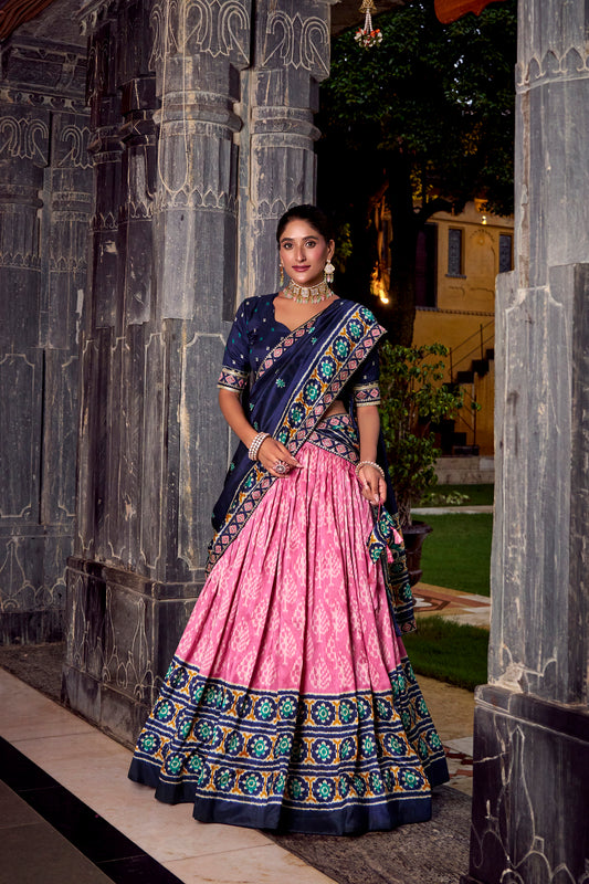 Tasar Silk Ikkat Print Lehenga Choli with Embroidered Lace Dupatta