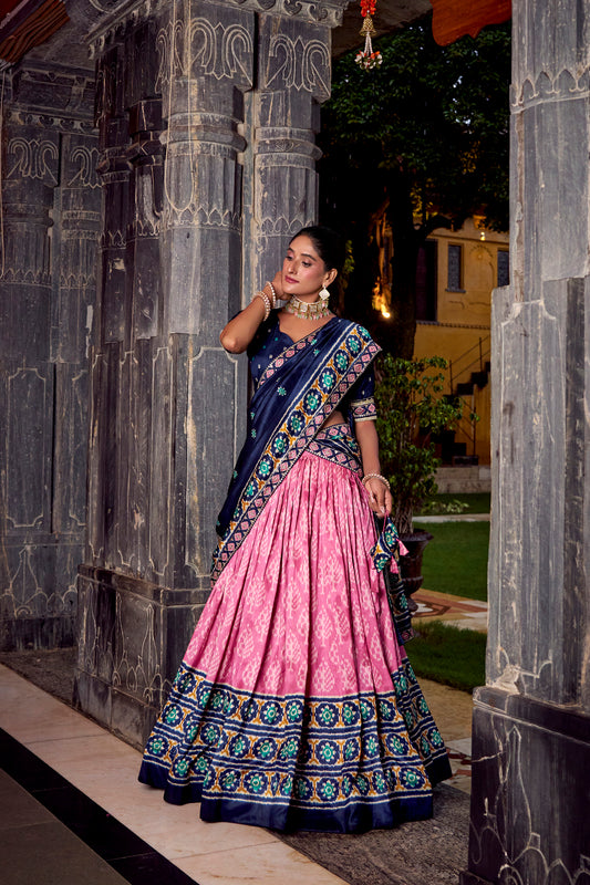 Tasar Silk Ikkat Print Lehenga Choli with Embroidered Lace Dupatta