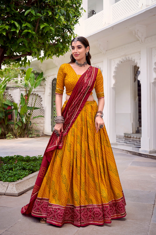 Tasar Silk Bandhej (Bandhani) Navratri Lehenga Choli with Gotta Patti Lace – GAURI Collection