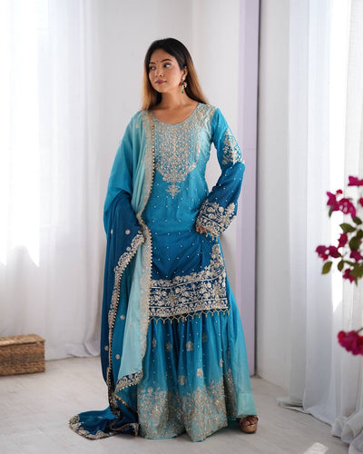 BLUE WEDDING WEAR CHINON SILK PLAZZO DRESS