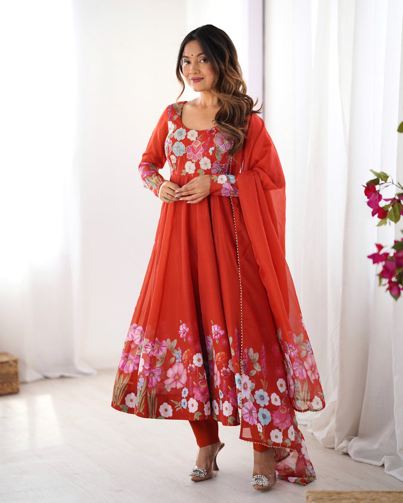 Floral Printed Organza Anarkali Suit Set With Matching Dupatta