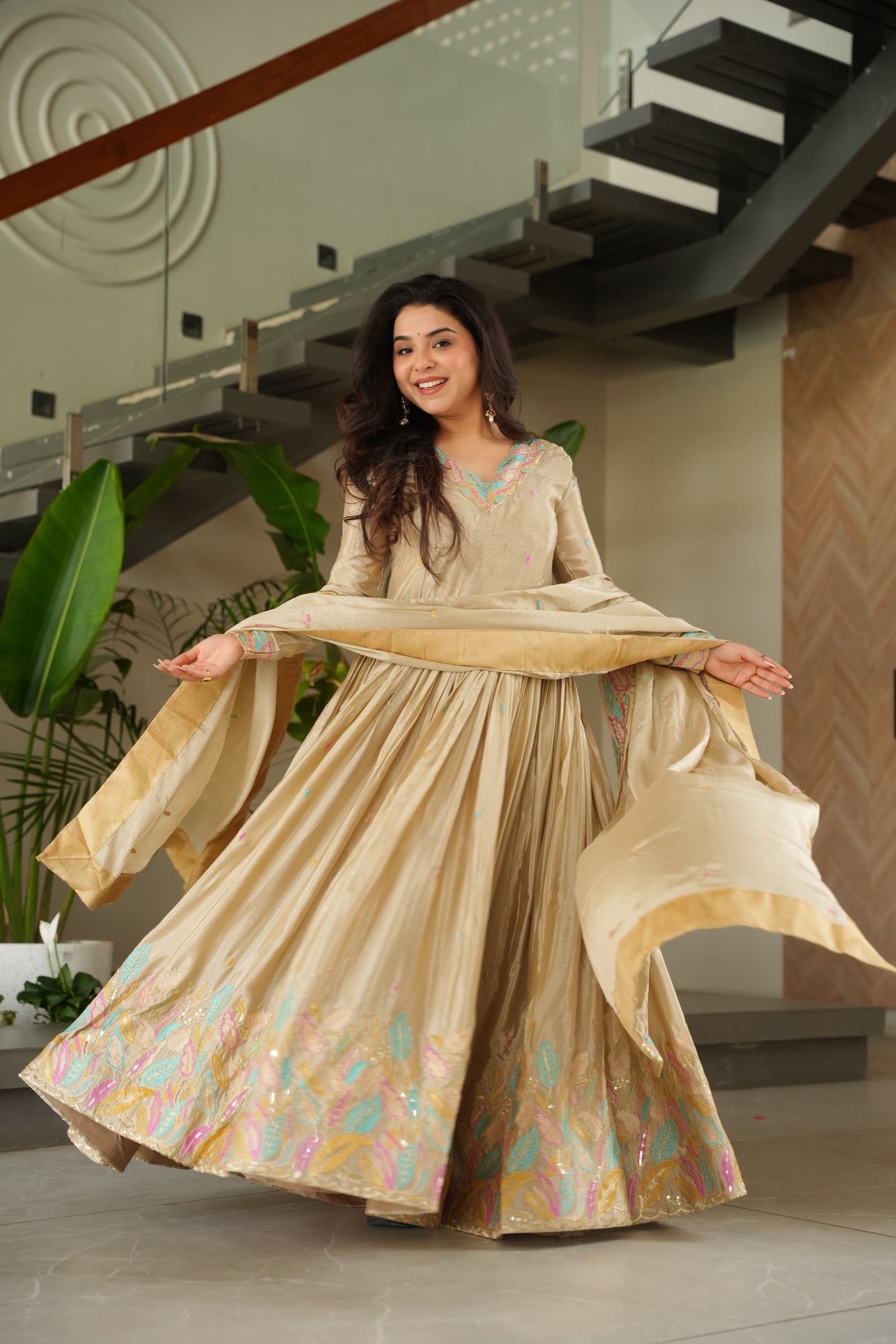 Chinnon Fabric Gown With Sequins & Multi-Thread Embroidered Dupatta