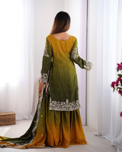 GREEN WITH YELLOW WEDDING WEAR CHINON SILK PLAZZO DRESS