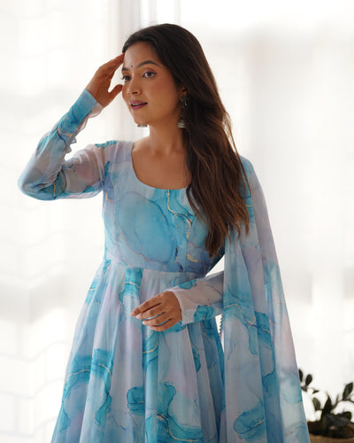 Pure Organza Silk Marble Print Anarkali Set With Dupatta And Pant