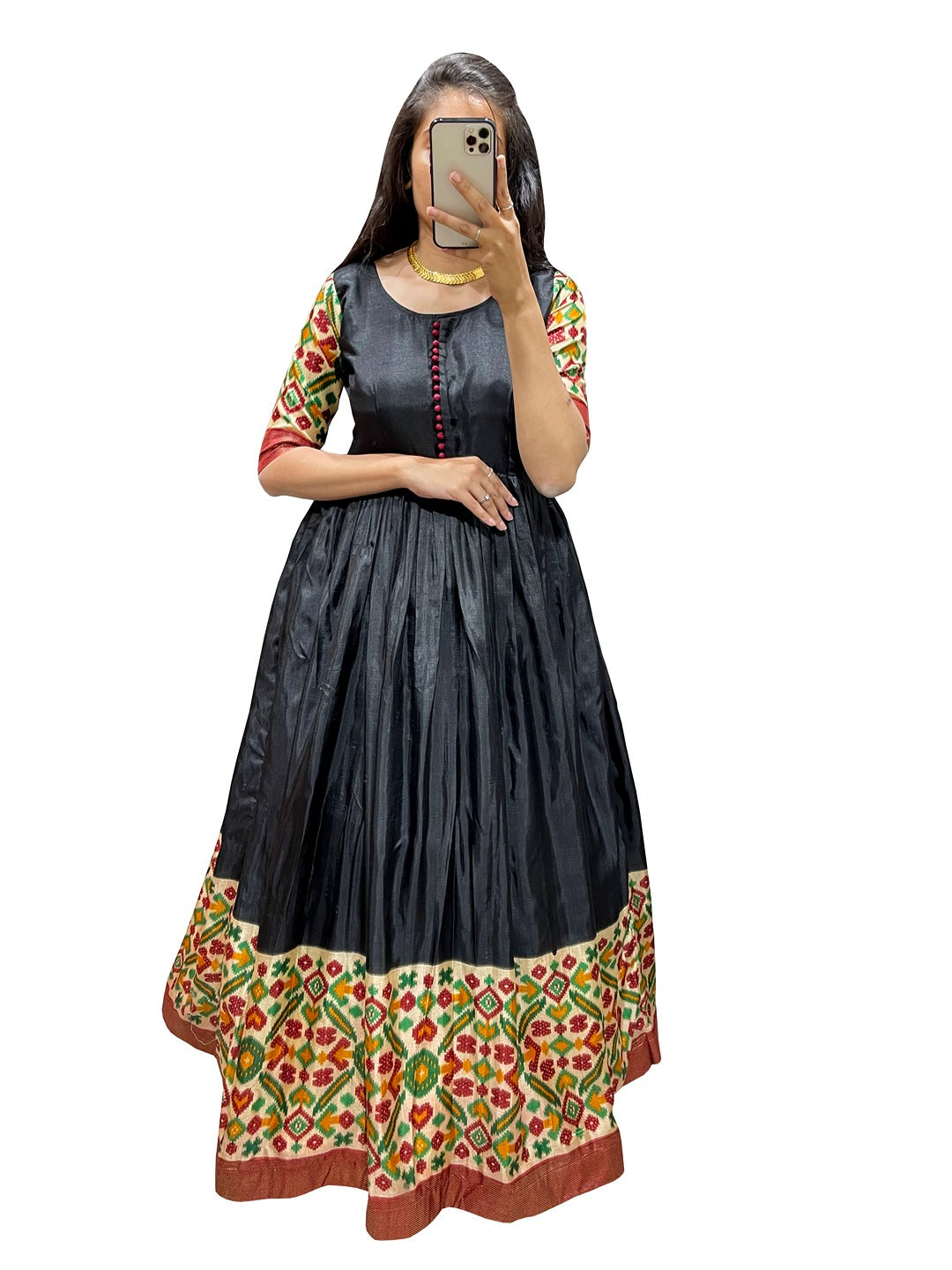 Dola Silk Printed Foilwork Flare Gown – Ready to Wear