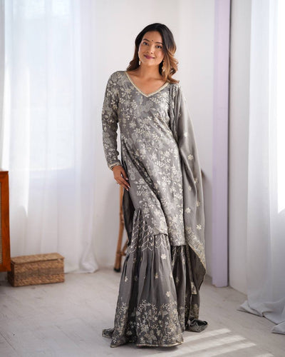 Grey Color Designer Chinon Silk Sharara Set